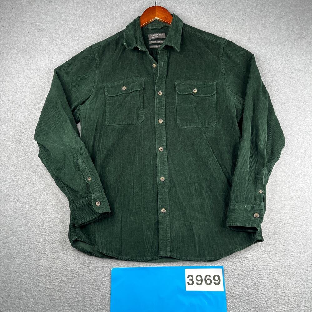 Primark Corduroy Shirt Green Regular Fit Casual Button Up Long Sleeve Mens